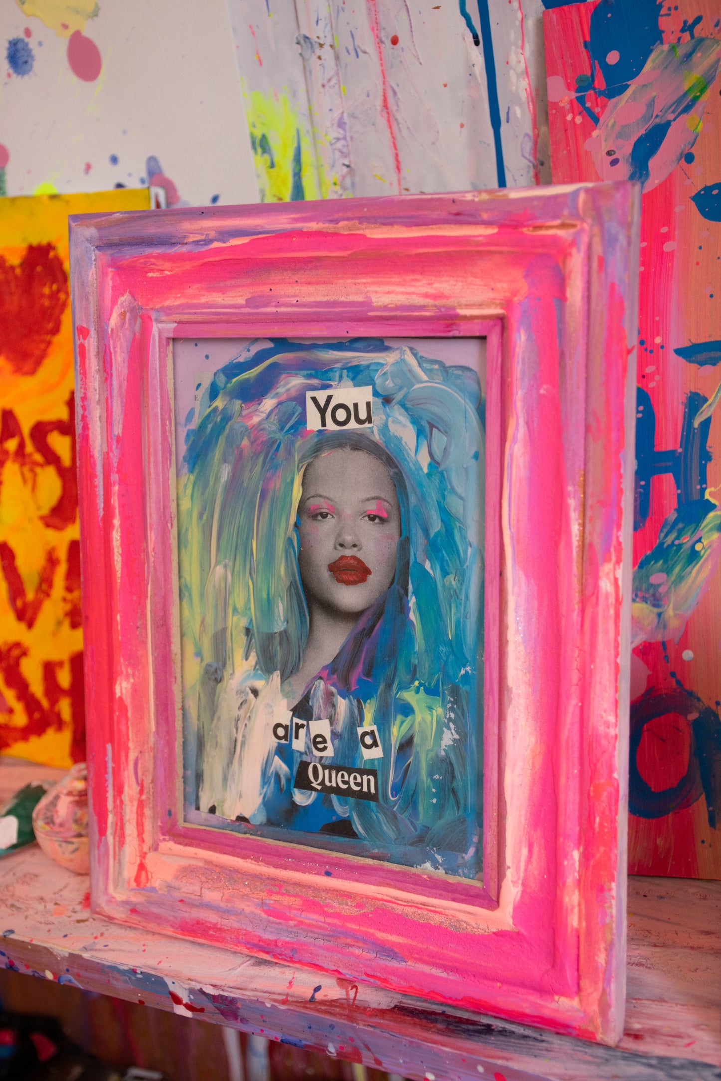 You are a Queen - Original Collage with Handpainted Pink Frame