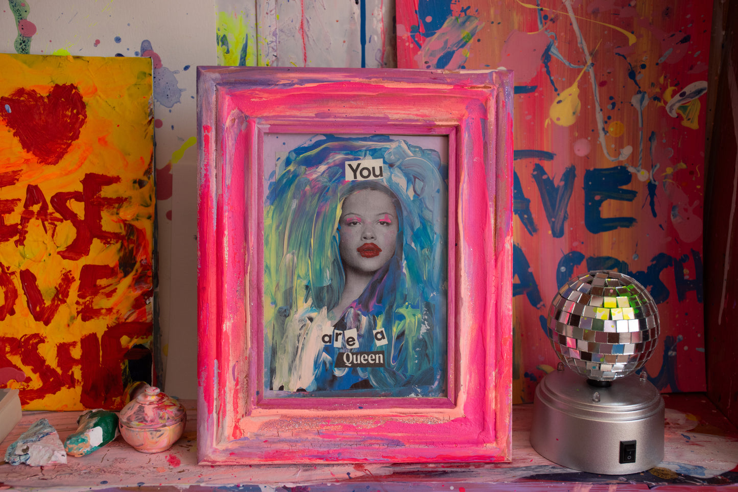 You are a Queen - Original Collage with Handpainted Pink Frame