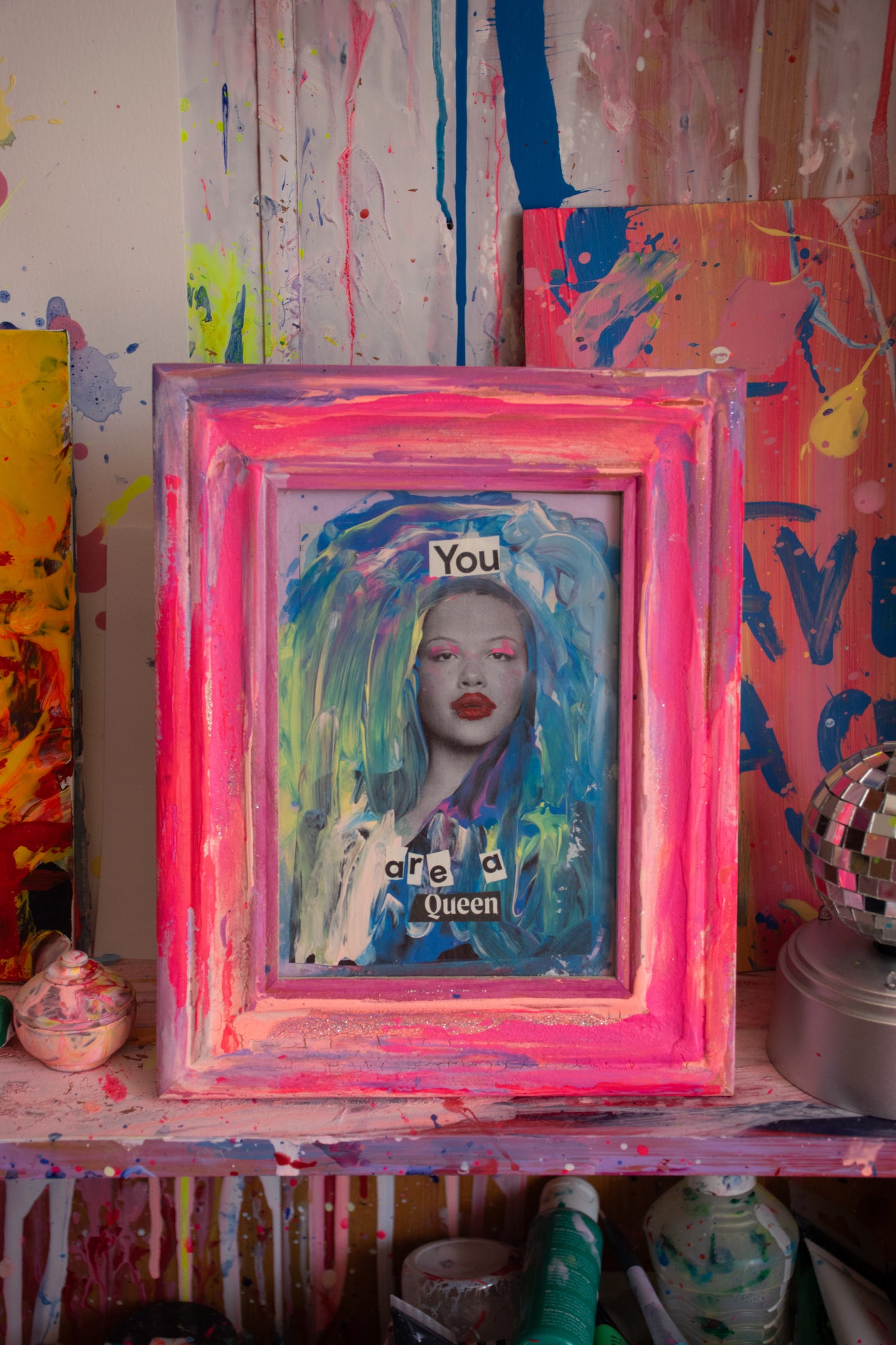 You are a Queen - Original Collage with Handpainted Pink Frame